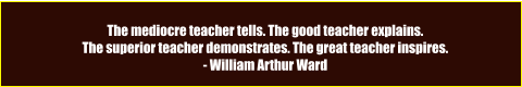 The mediocre teacher tells. The good teacher explains. The superior teacher demonstrates. The great teacher inspires. - William Arthur Ward